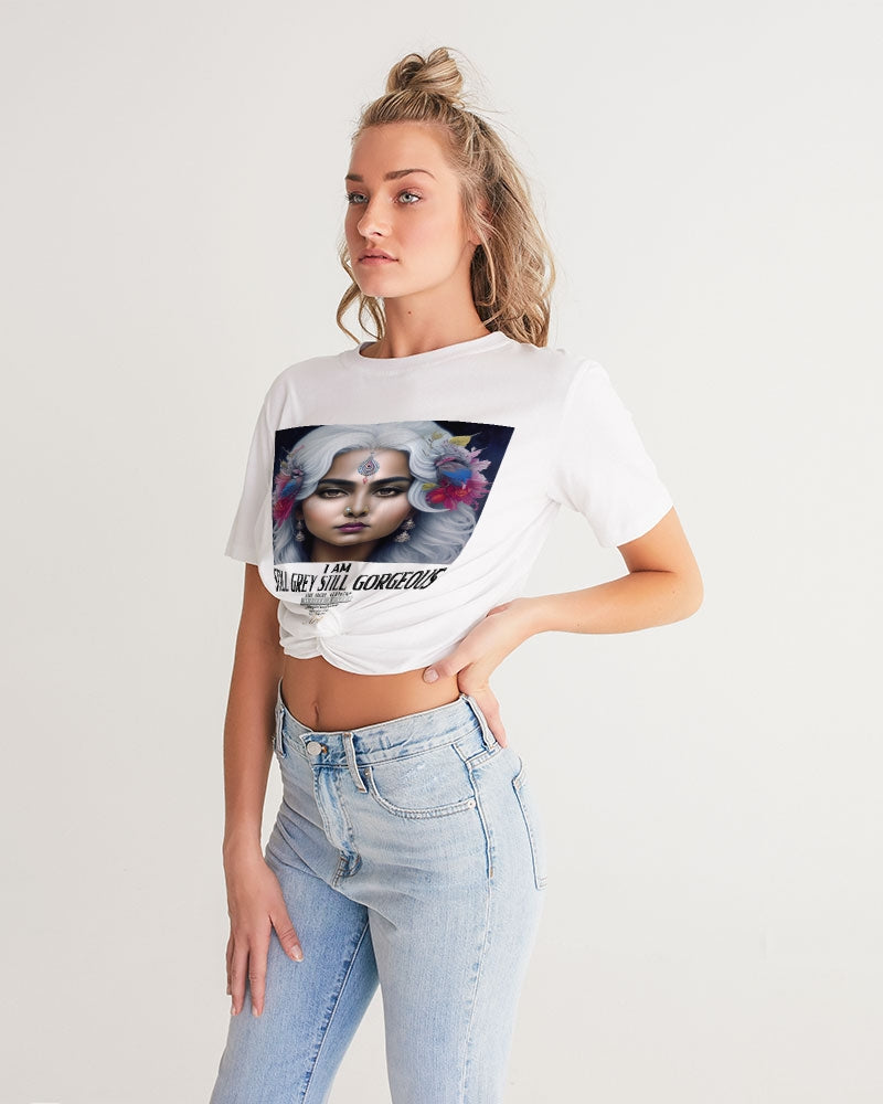 Promoting Indian women with silver grey hair Women's Twist-Front Cropped Tee