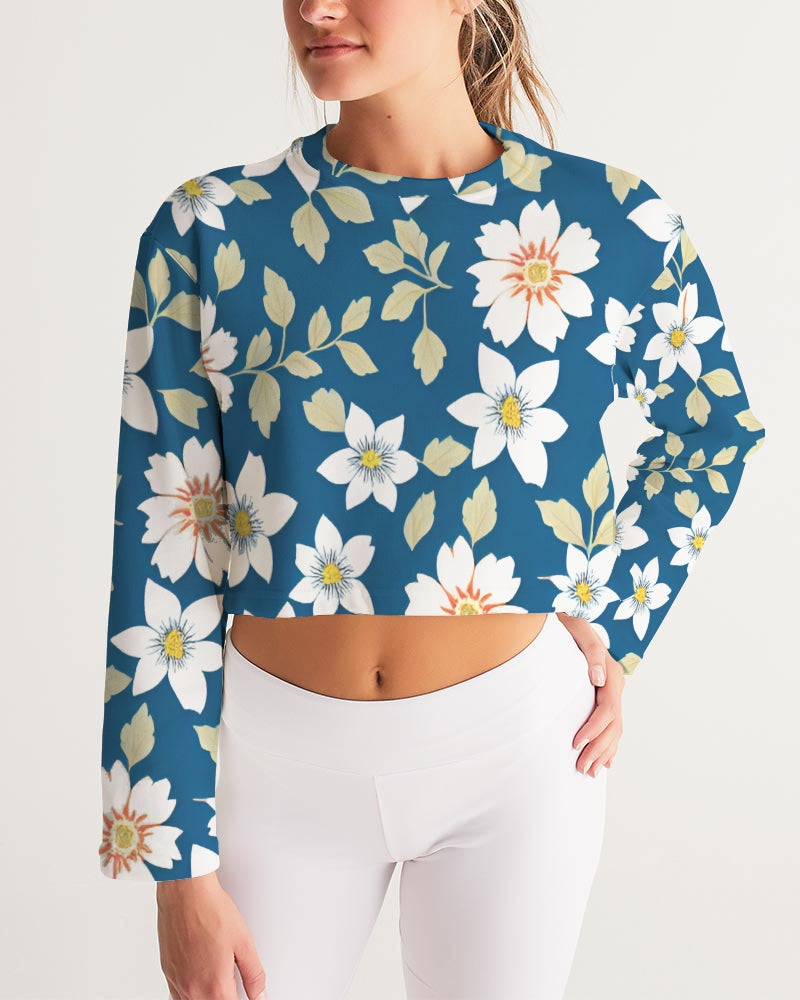 Dark blue background and white flower pattern Women's All-Over Print Cropped Sweatshirt