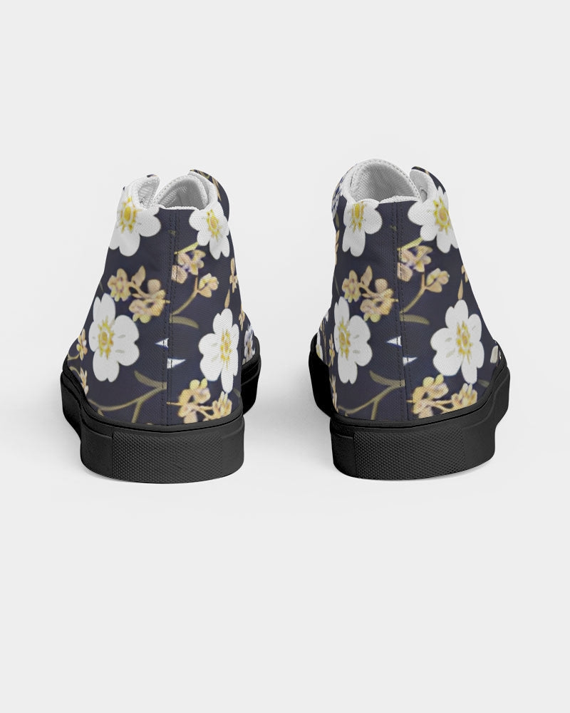 Pink flower black background Women's Hightop Canvas Shoe - Black