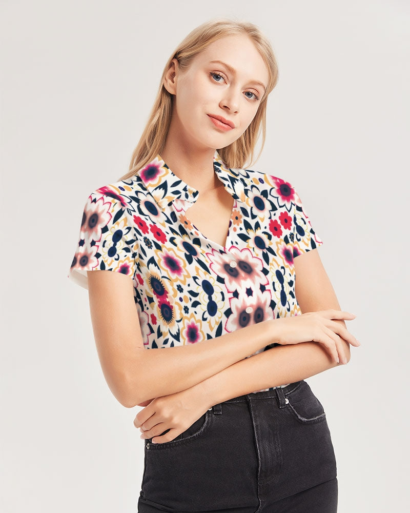 Abstract flower pattern Women's All-Over Print Short Sleeve Button Up