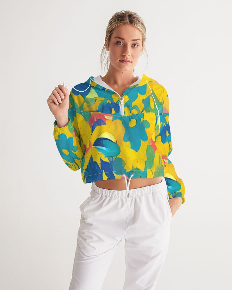 Beautiful yellow and blue hint of red pattern Women's Cropped Windbreaker