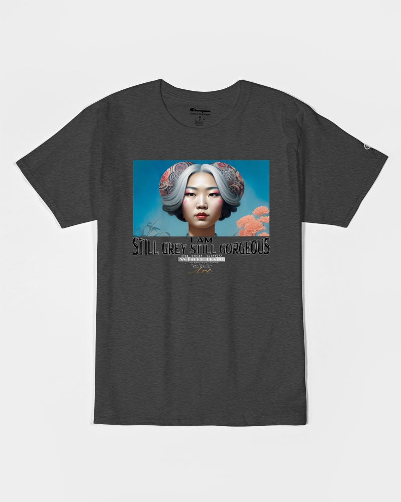 Promoting Asian women with silver grey Unisex Tee | Champion