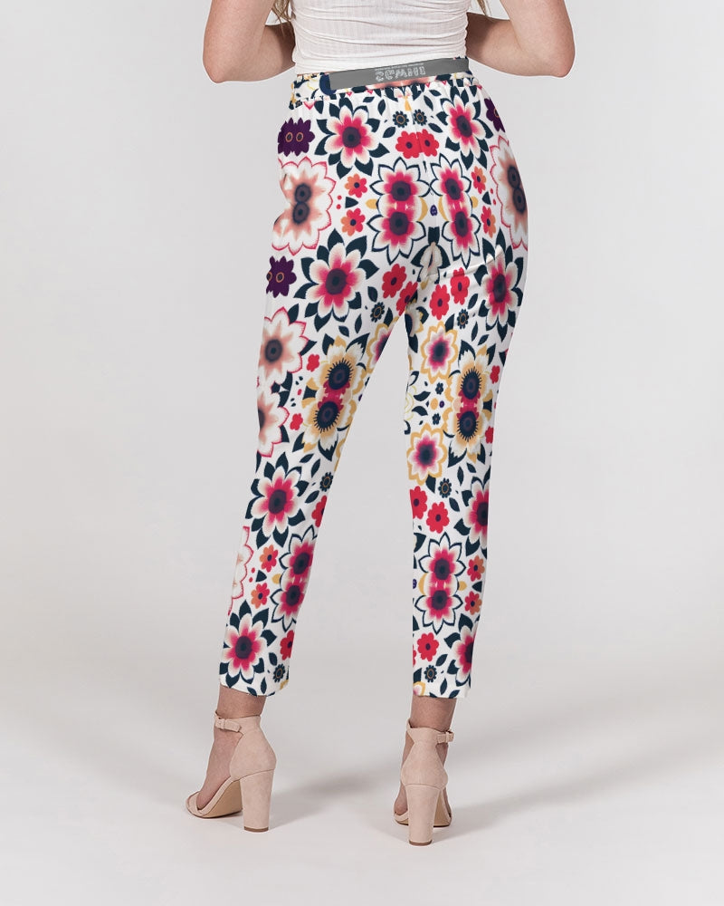 Abstract flower pattern Women's All-Over Print Belted Tapered Pants