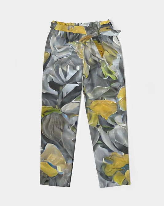 Orange and yellow and grey abstract design of Roses Women's Belted Tapered Pants