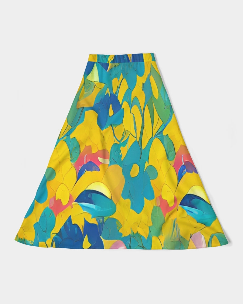 Beautiful yellow and blue hint of red pattern Women's A-Line Midi Skirt