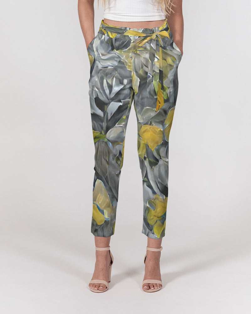 Orange and yellow and grey abstract design of Roses Women's Belted Tapered Pants