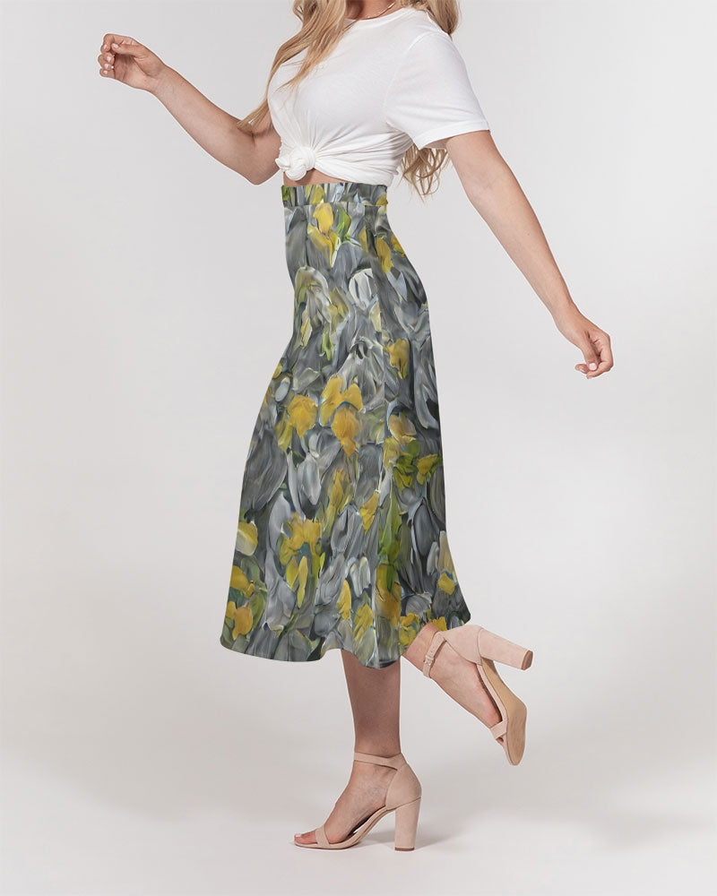 Orange and yellow and grey abstract design of Roses Women's A-Line Midi Skirt