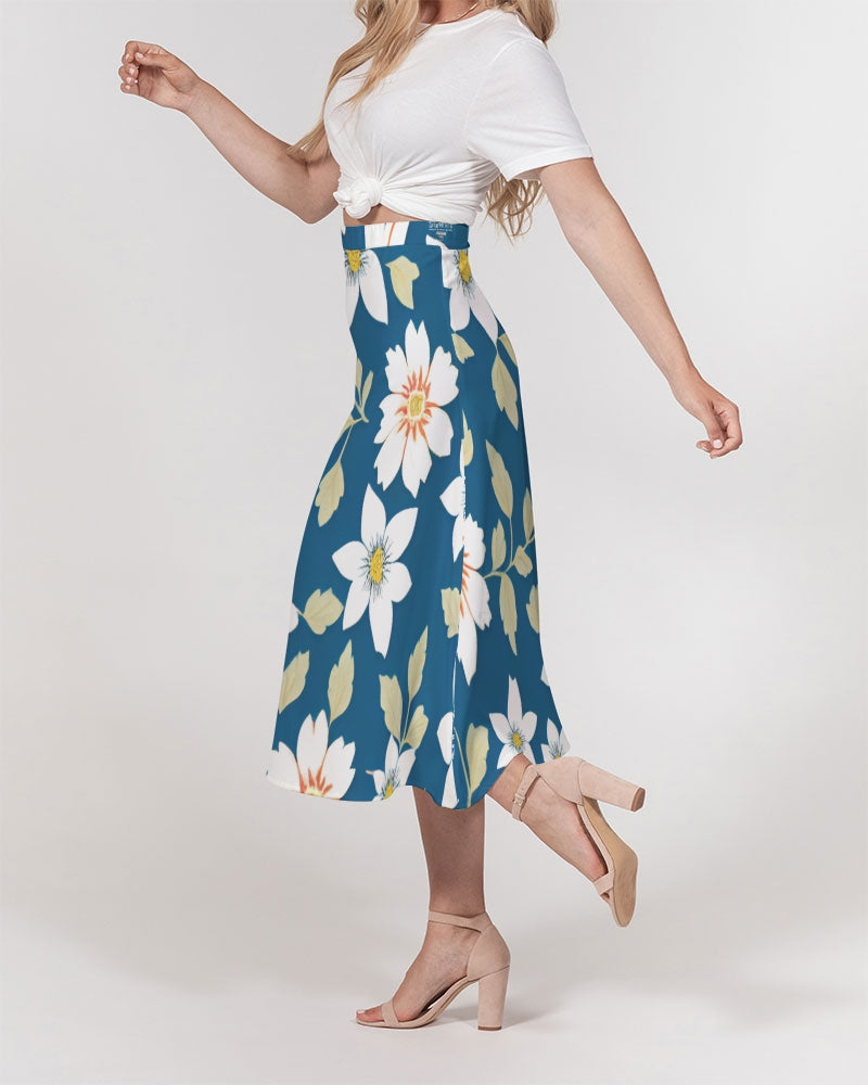 Dark blue background and white flower pattern Women's All-Over Print A-Line Midi Skirt