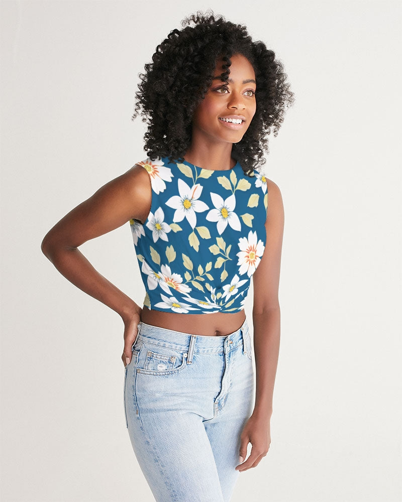 Dark blue background and white flower pattern Women's  All-Over Print Twist-Front Tank