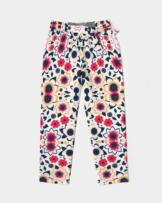 Abstract flower pattern Women's All-Over Print Belted Tapered Pants