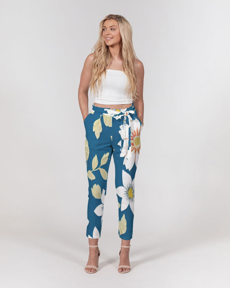 Dark blue background and white flower pattern Women's All-Over Print Belted Tapered Pants