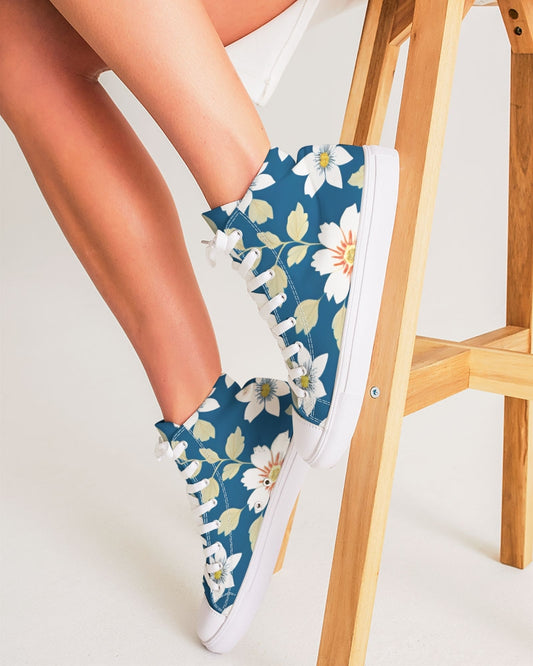 Dark blue background and white flower pattern Women's Hightop Canvas Shoe