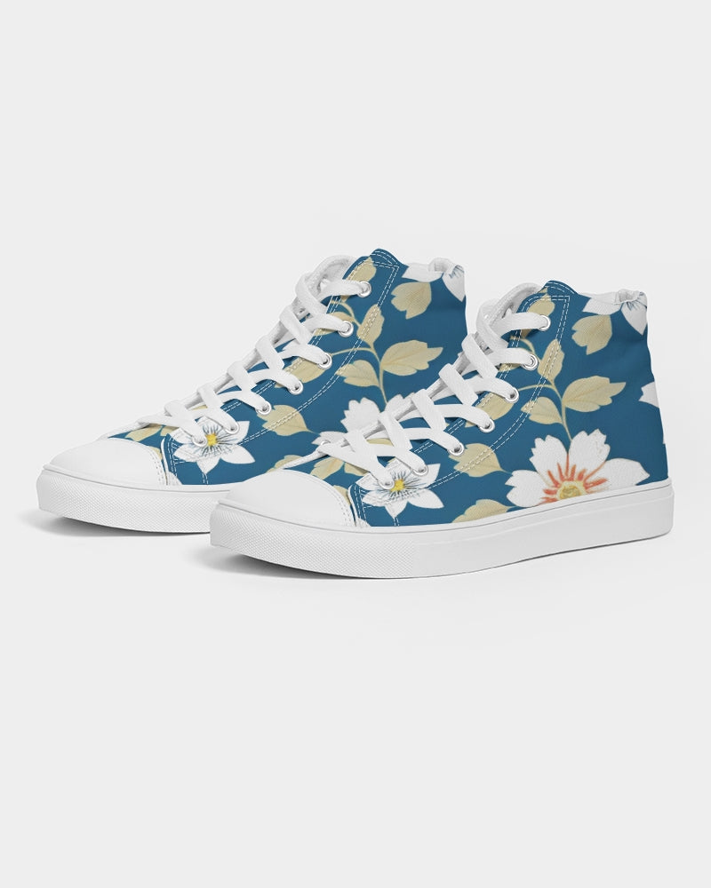 Dark blue background and white flower pattern Women's Hightop Canvas Shoe