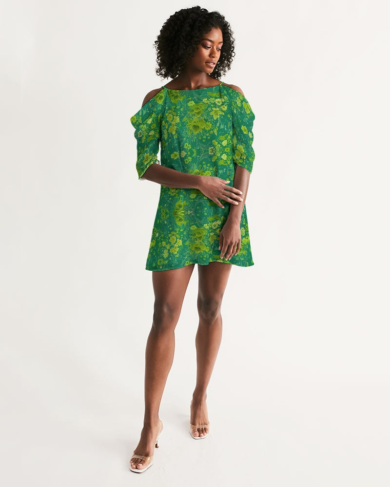 Green lush Repeat pattern Women's Open Shoulder A-Line Dress