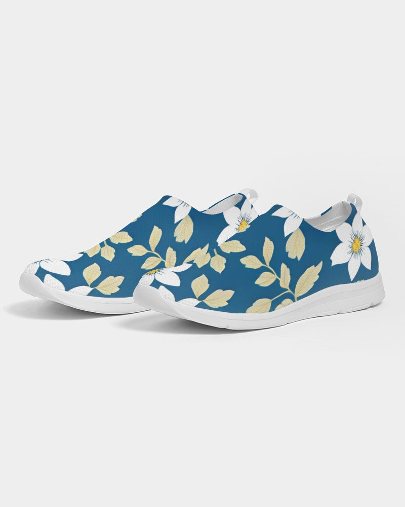 Dark blue background and white flower pattern Women's Slip-On Flyknit Shoe