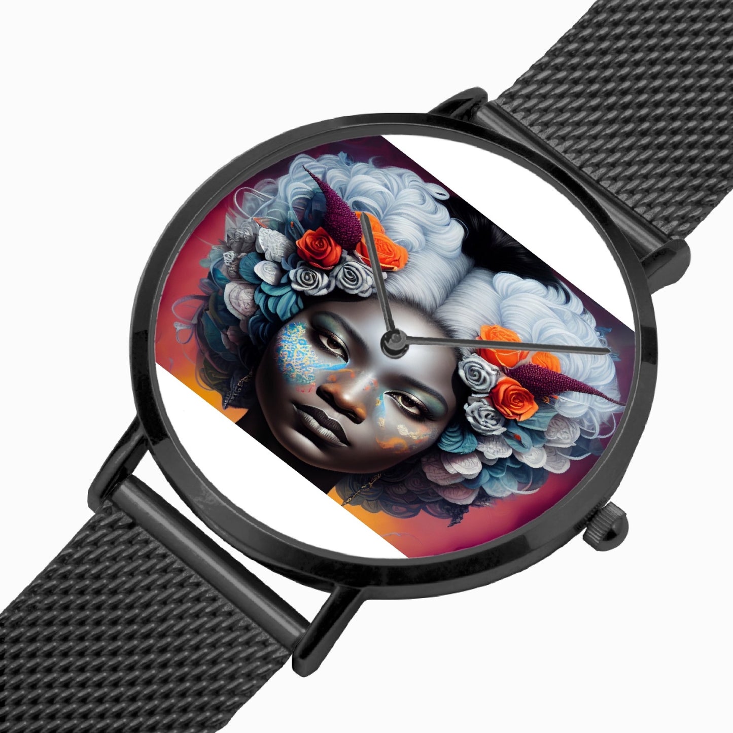 Black woman clock face Silver grey white hair inspiration Fashion Ultra-thin Stainless Steel Quartz Watch