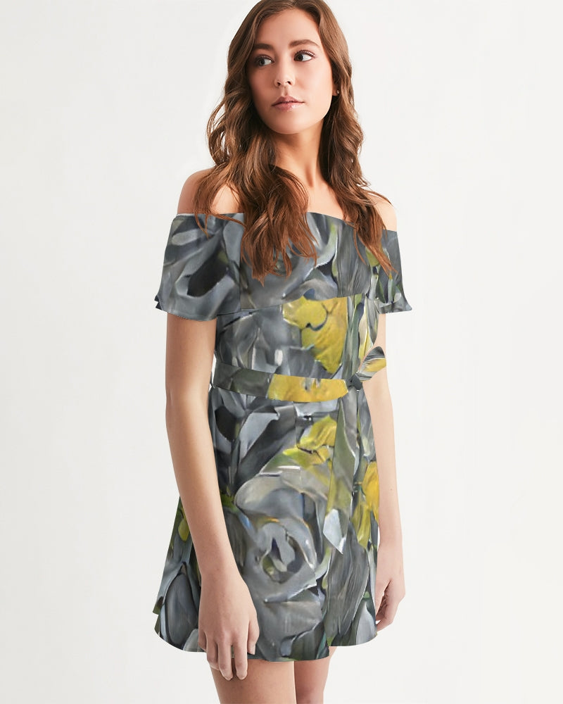 Orange and yellow and grey abstract design of Roses Women's Off-Shoulder Dress