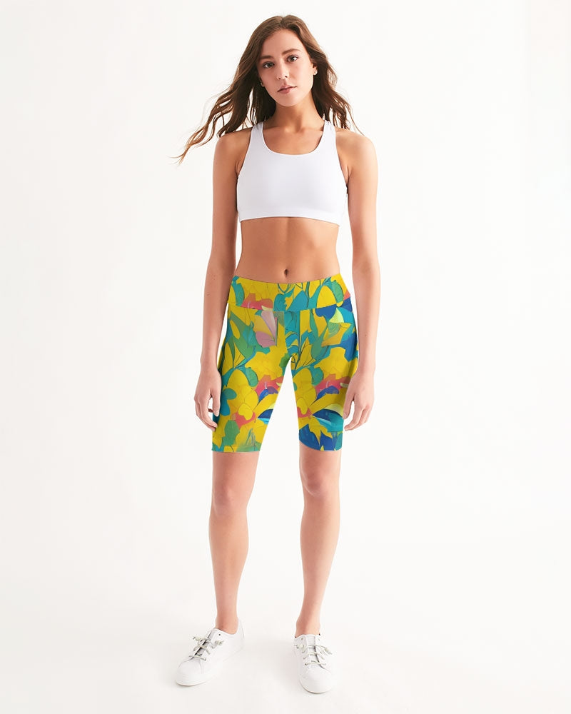 Beautiful yellow and blue hint of red pattern Women's Mid-Rise Bike Shorts