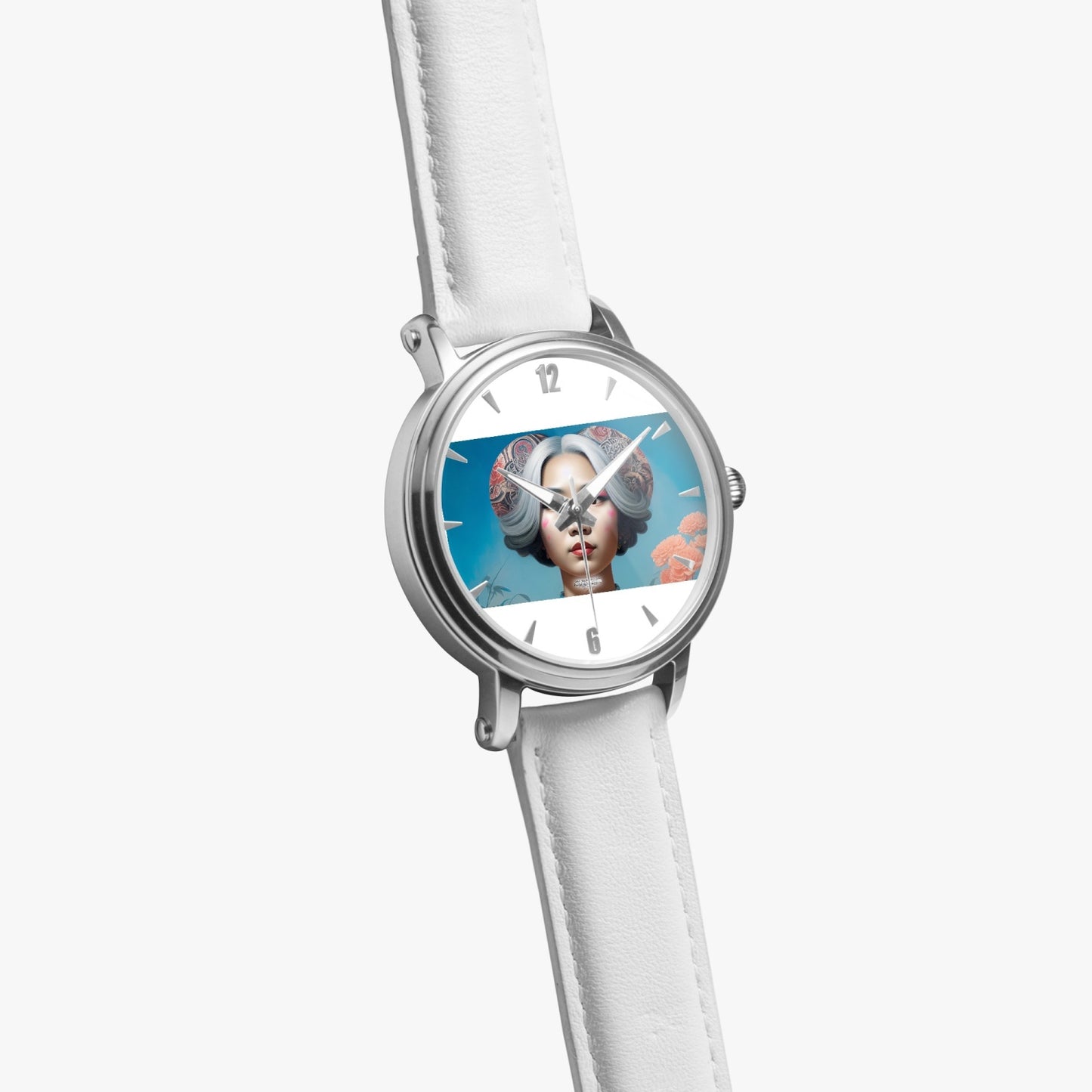 Asian woman clock face Silver grey white hair inspiration 46mm Unisex Automatic Watch (Silver)