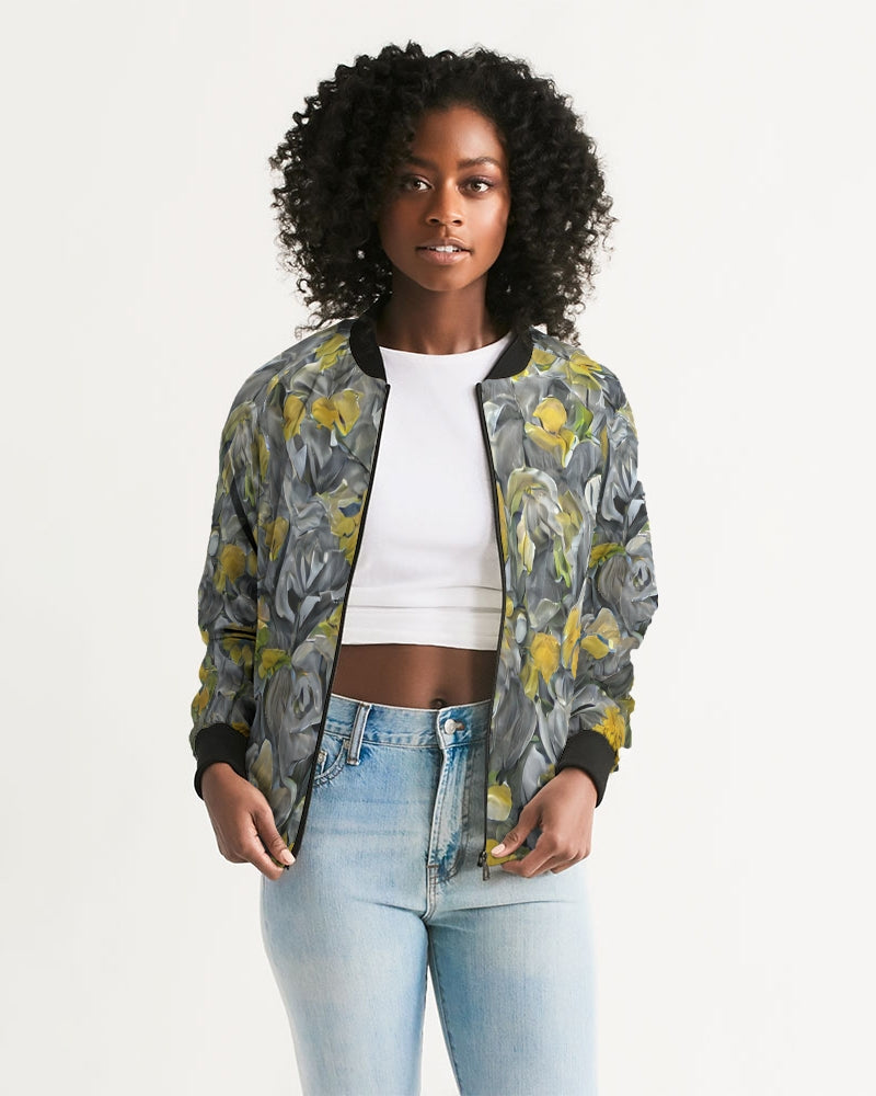 Orange and yellow and grey abstract design of Roses Women's Bomber Jacket