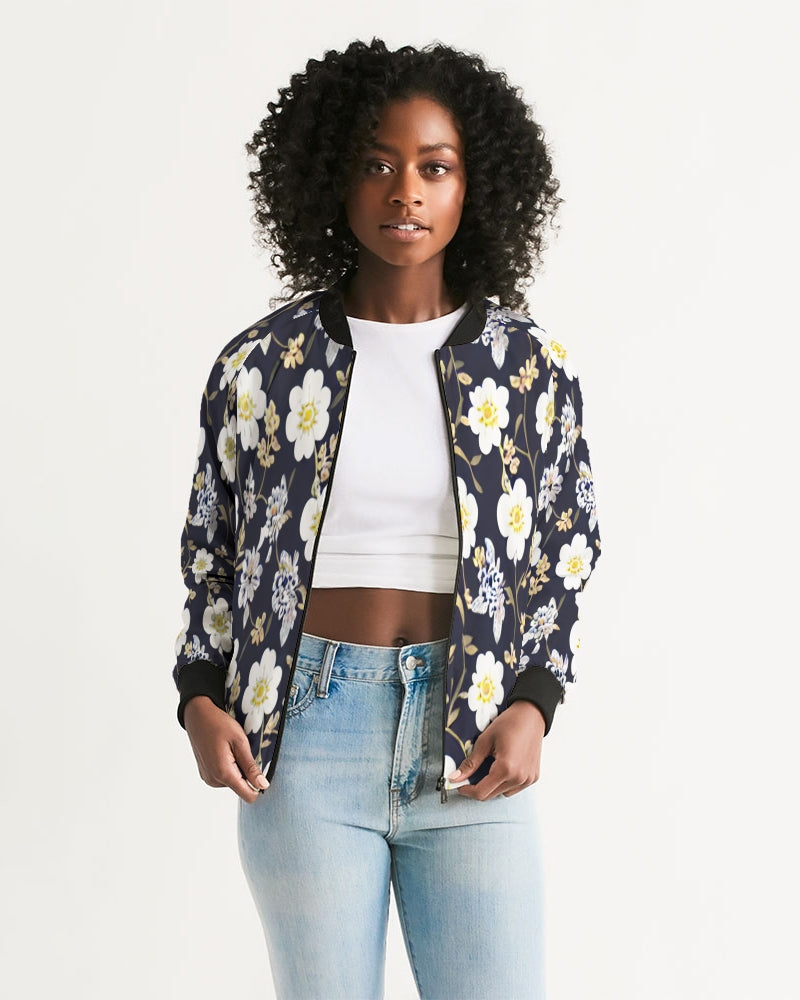 Pink flower black background Women's All-Over Print Bomber Jacket