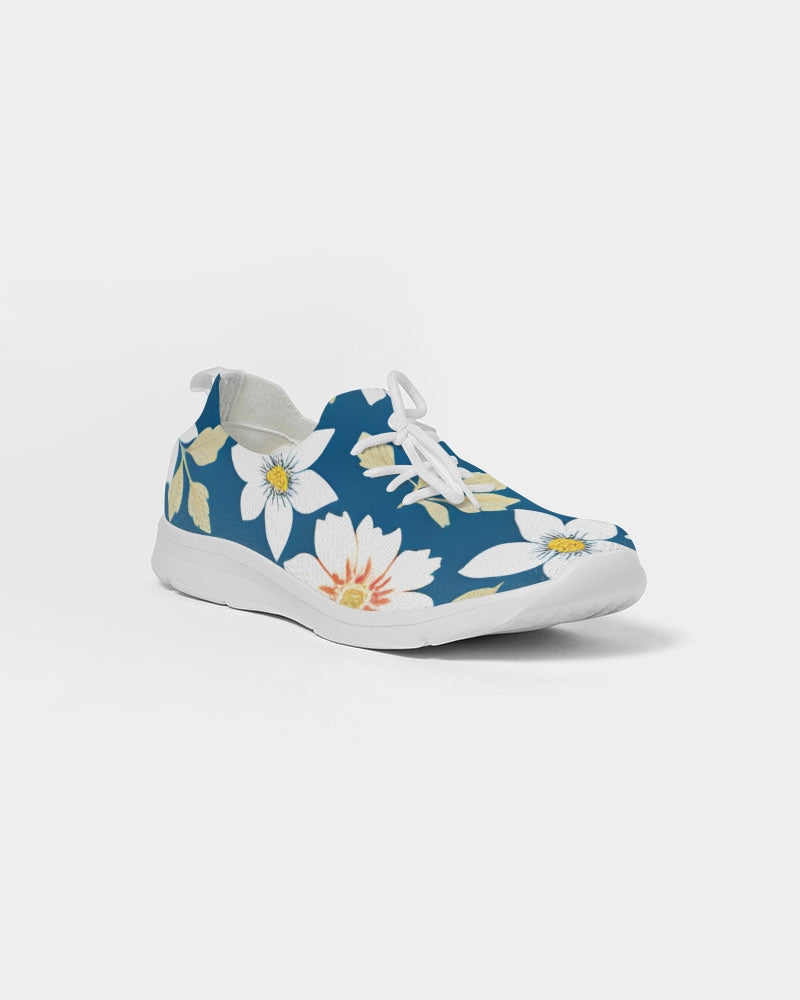 Dark blue background and white flower pattern Women's Lace Up Flyknit Shoe