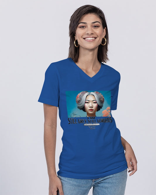 Promoting Asian women with silver grey Unisex Jersey V-Neck Tee | Bella + Canvas