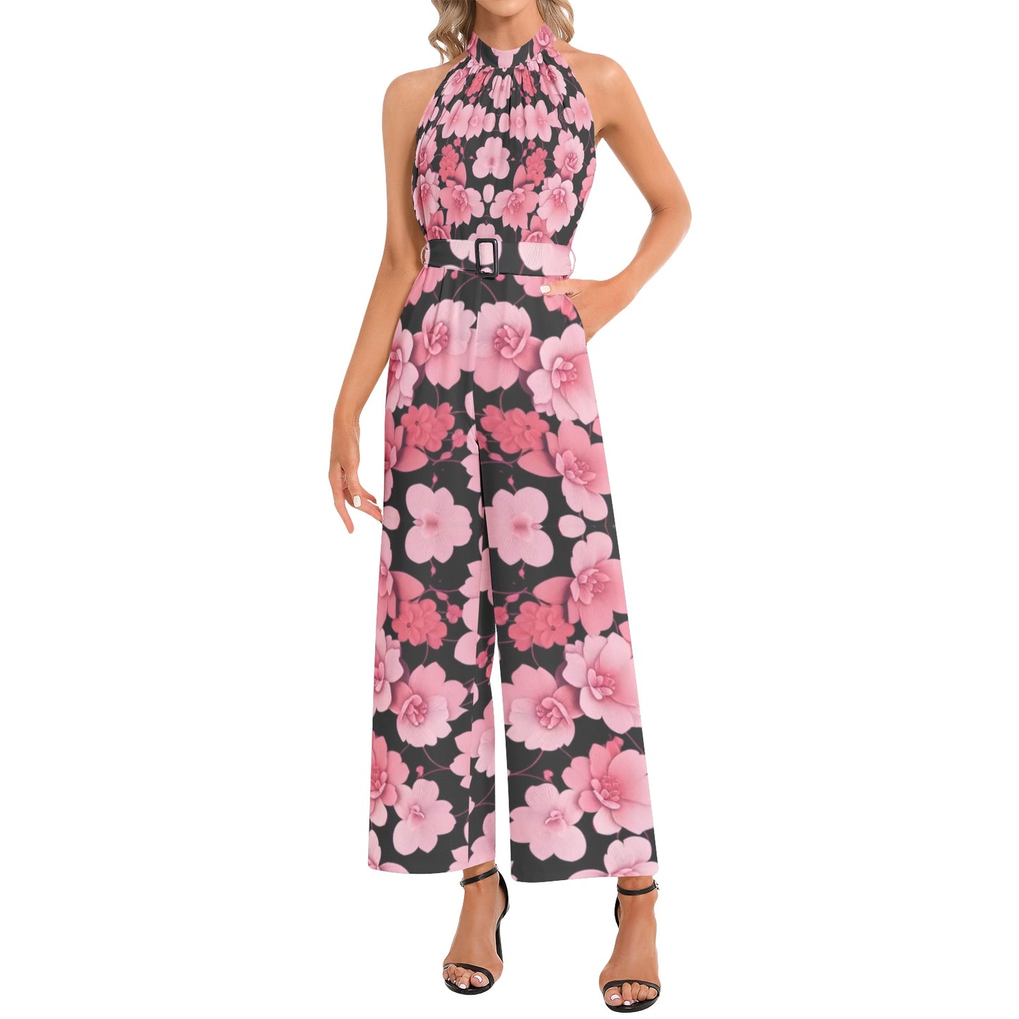 Silver grey white hair inspiration Neck Buckle Belted pink flower Jumpsuit