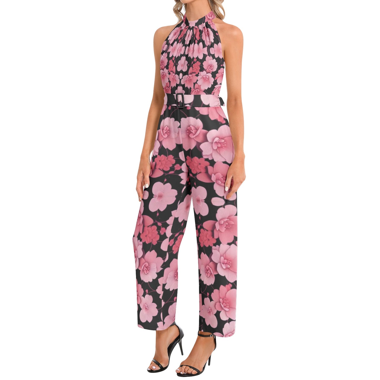 Silver grey white hair inspiration Neck Buckle Belted pink flower Jumpsuit