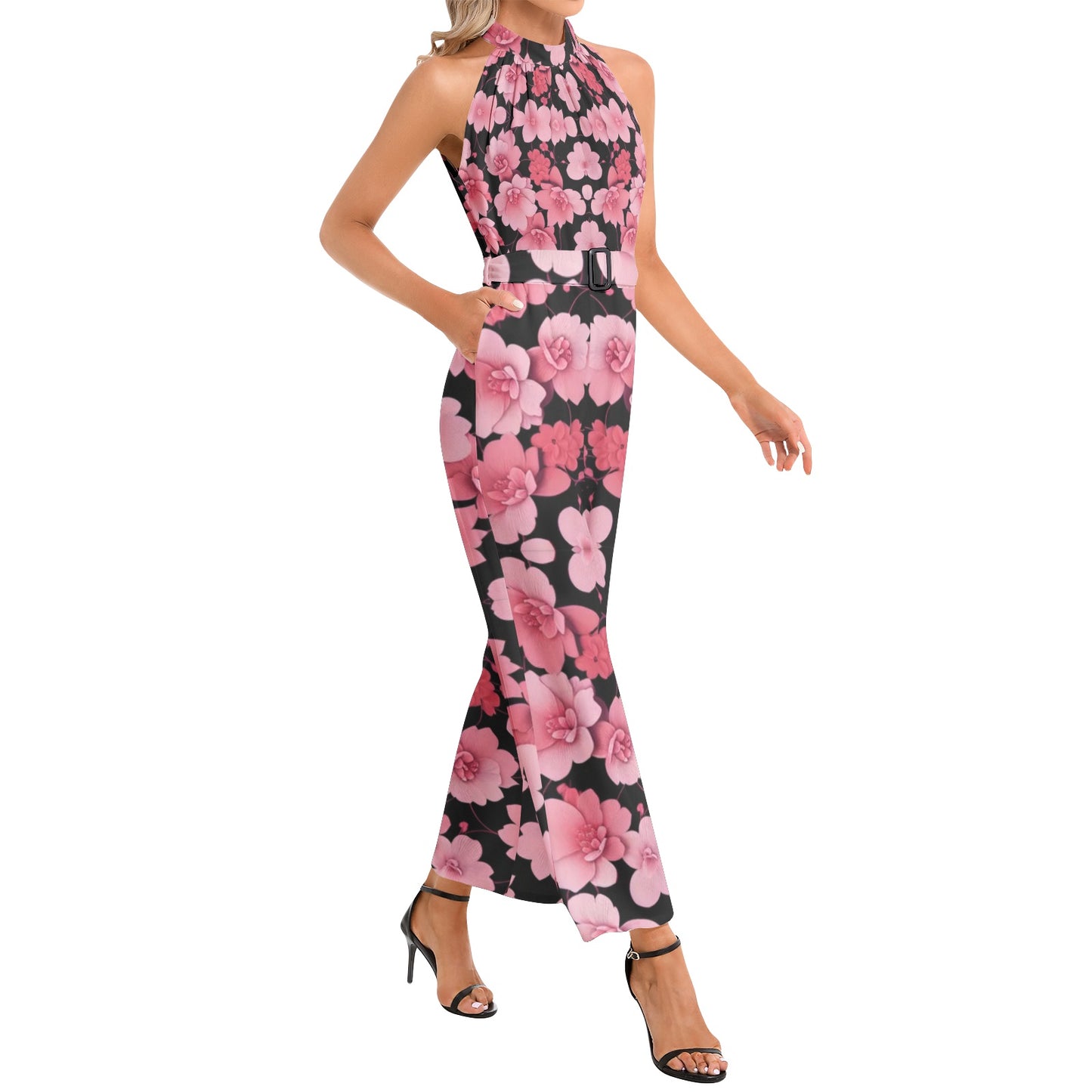 Silver grey white hair inspiration Neck Buckle Belted pink flower Jumpsuit