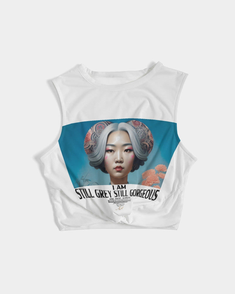 Promoting Asian women with silver grey Women's Twist-Front Tank