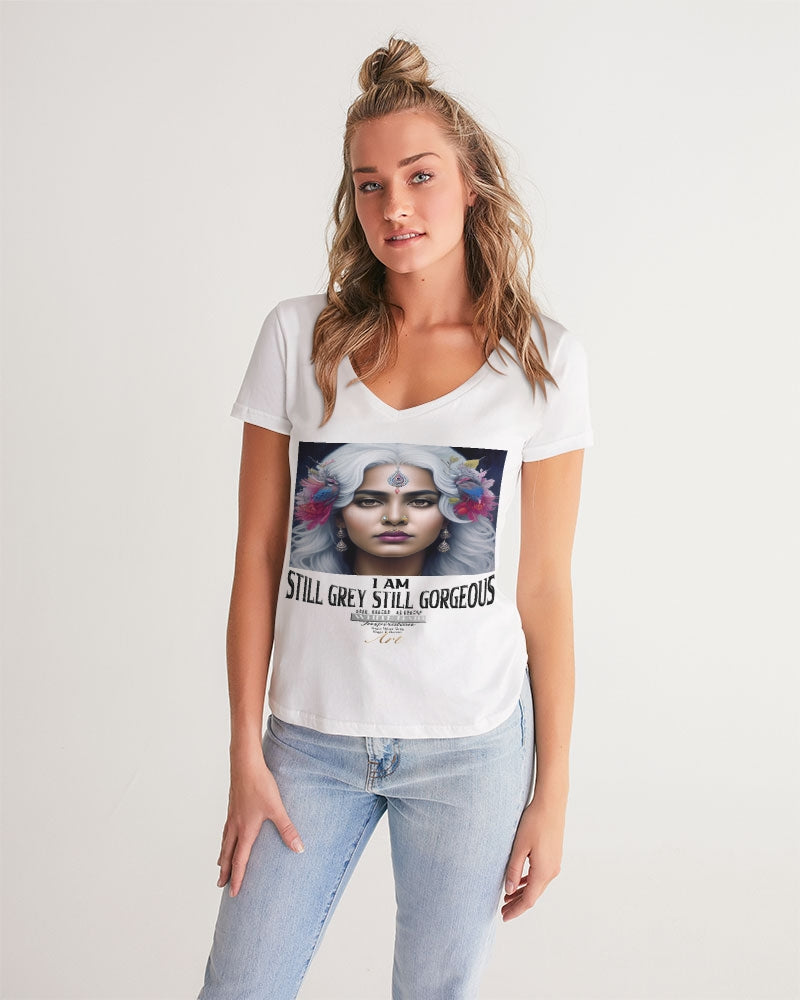 Promoting Indian women with silver grey hair Women's V-Neck Tee