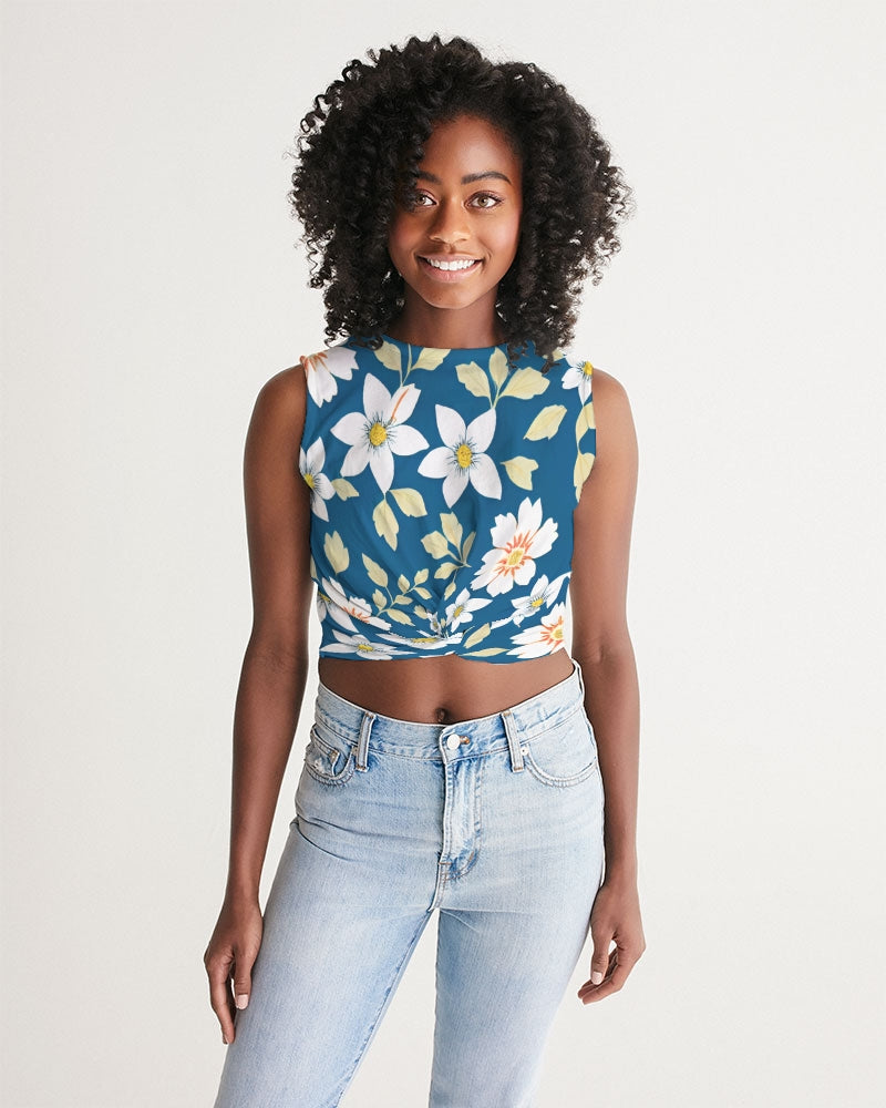 Dark blue background and white flower pattern Women's  All-Over Print Twist-Front Tank