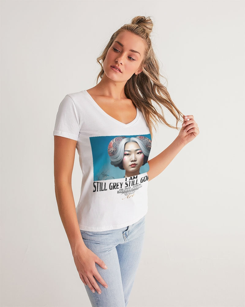 Promoting Asian women with silver grey Women's V-Neck Tee