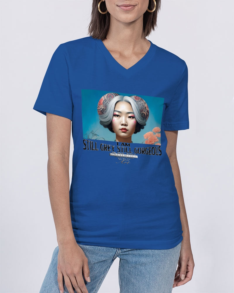 Promoting Asian women with silver grey Unisex Jersey V-Neck Tee | Bella + Canvas