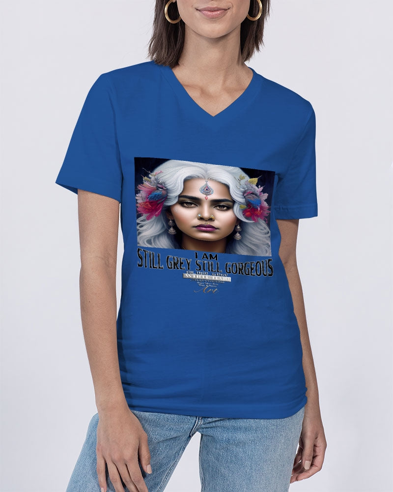 Promoting Indian women with silver grey hair Unisex Jersey V-Neck Tee | Bella + Canvas