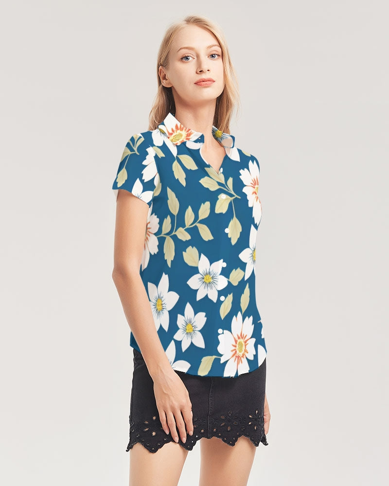 Dark blue background and white flower pattern Women's All-Over Print Short Sleeve Button Up