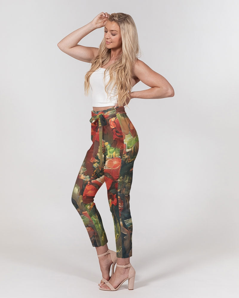 Abstract Rose design Women's Belted Tapered Pants