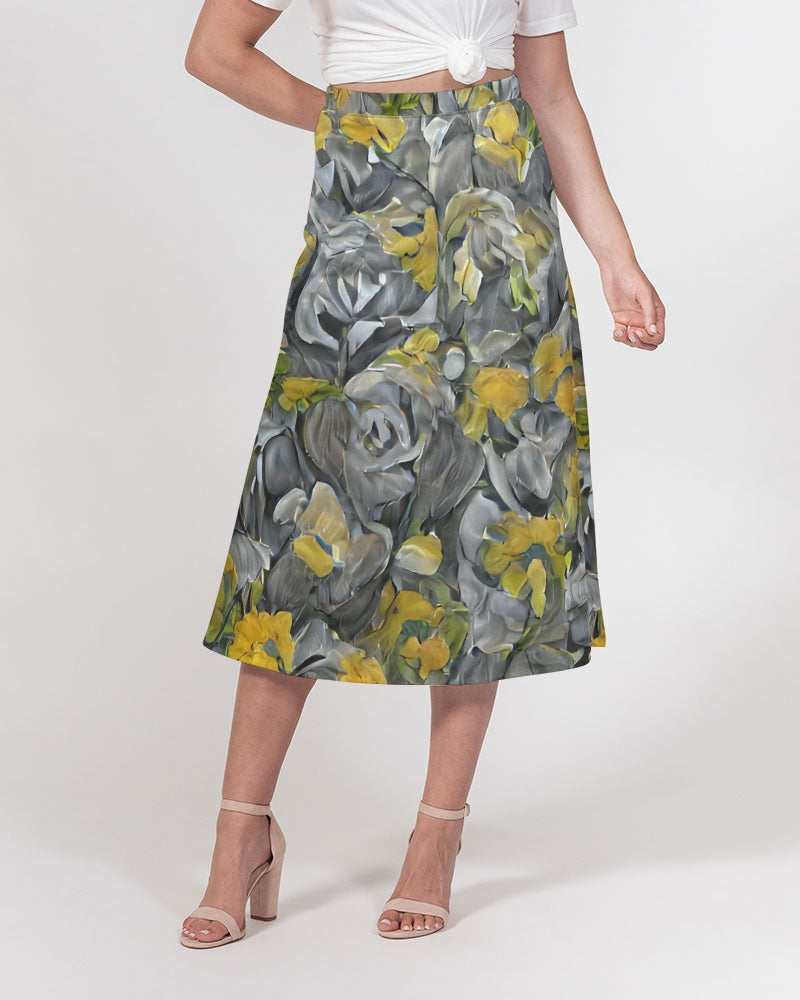 Orange and yellow and grey abstract design of Roses Women's A-Line Midi Skirt