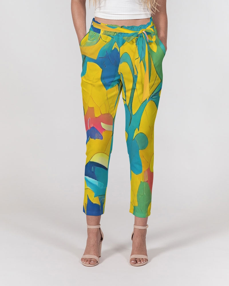 Beautiful yellow and blue hint of red pattern Women's Belted Tapered Pants