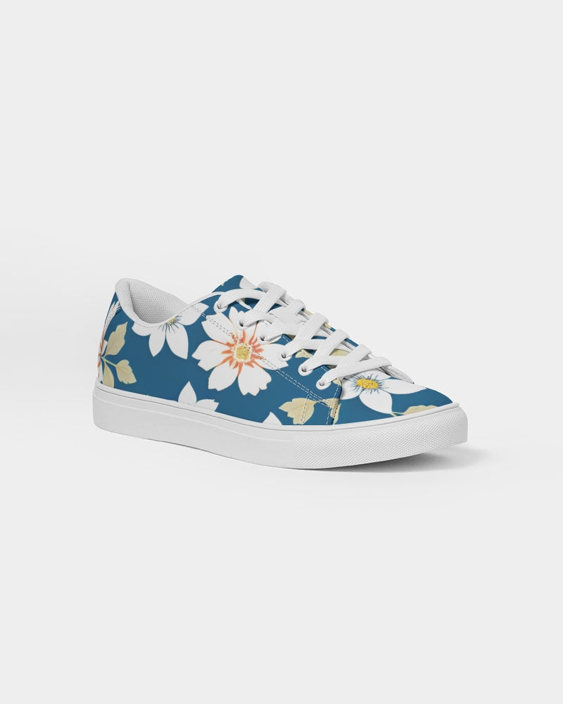 Dark blue background and white flower pattern Women's Faux-Leather Sneaker