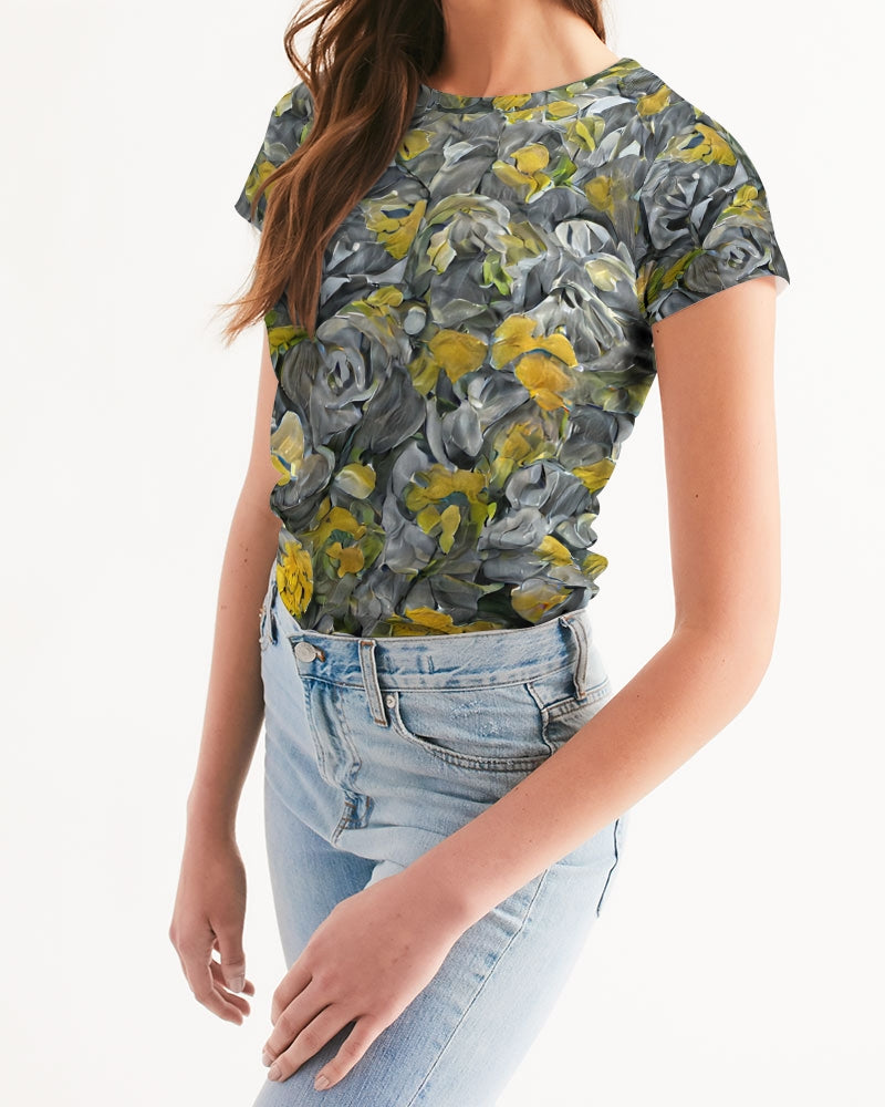 Orange and yellow and grey abstract design of Roses Women's Tee