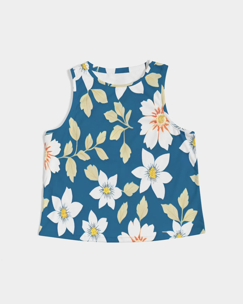 Dark blue background and white flower pattern Women's All-Over Print Cropped Tank