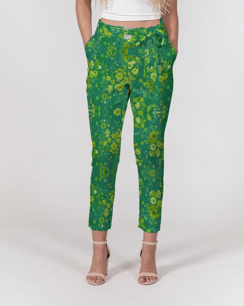 Green lush Repeat pattern Women's Belted Tapered Pants