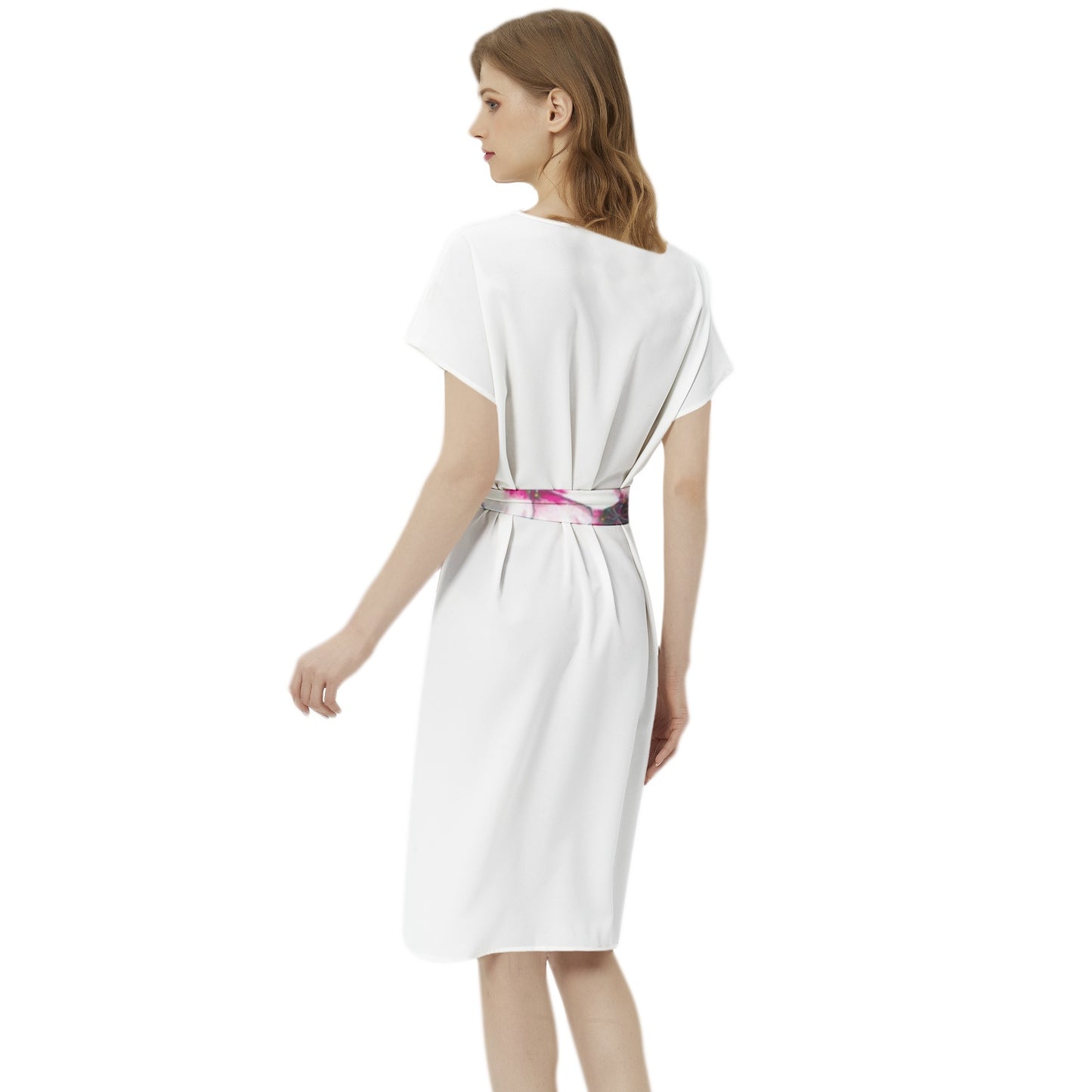 Betwing Seleeve Notch Neck Casual Dress with Belt