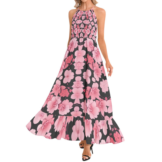 Silver grey white hair inspiration Hem Halter Neck Maxi pink flower Dress