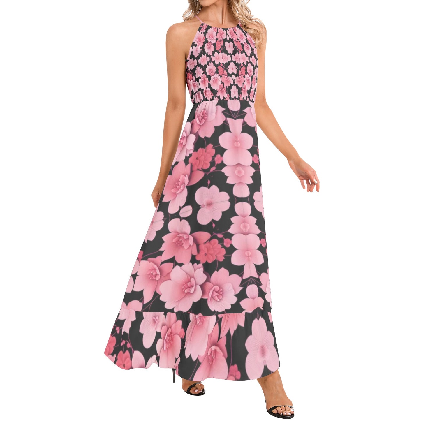 Silver grey white hair inspiration Hem Halter Neck Maxi pink flower Dress