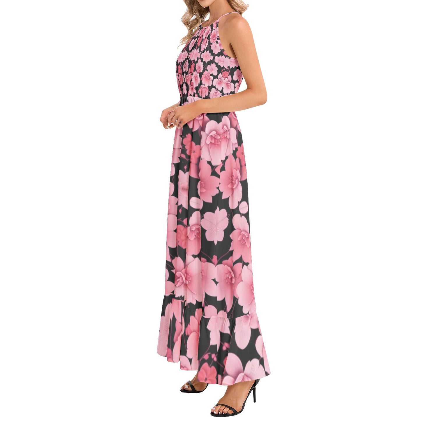 Silver grey white hair inspiration Hem Halter Neck Maxi pink flower Dress