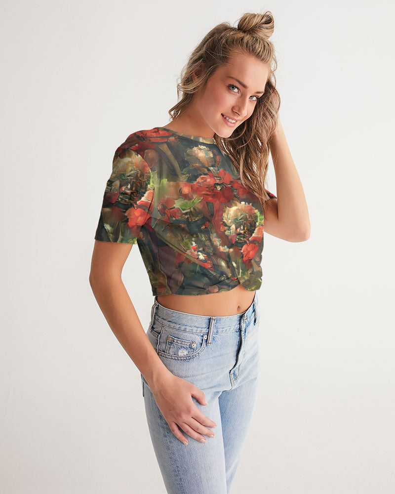 Abstract Rose design Women's Twist-Front Cropped Tee