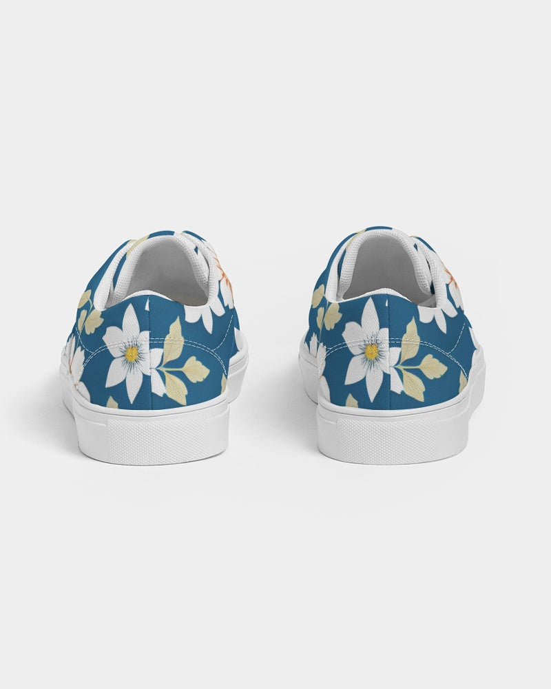 Dark blue background and white flower pattern Women's Lace Up Canvas Shoe